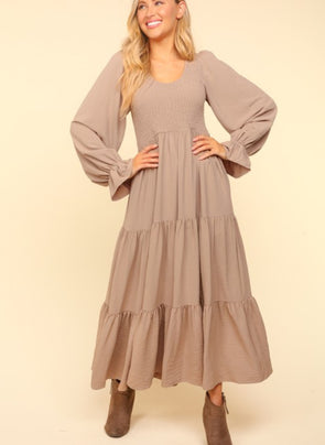 V-Neck Smock Bubble Sleeve Maxi Dress (Taupe)