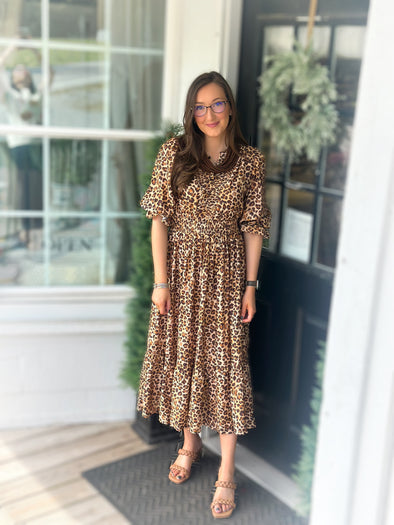 Leopard Ruffle Smocked Waist Midi Dress