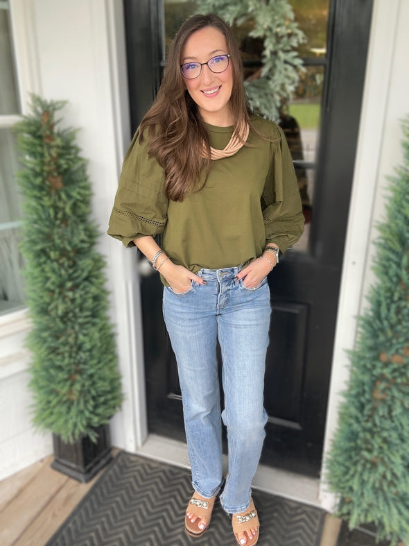 Olive 3/4 Sleeve Mix Media Top