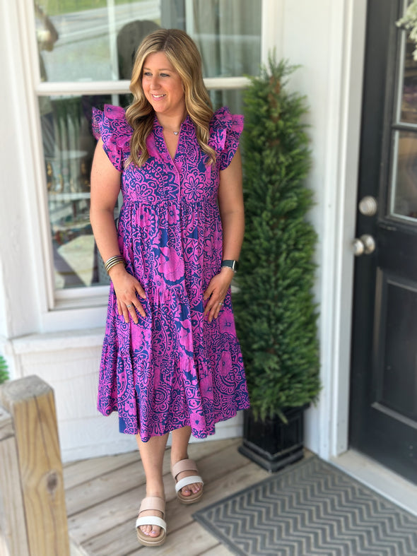 Pink and Navy Collared Midi Dress