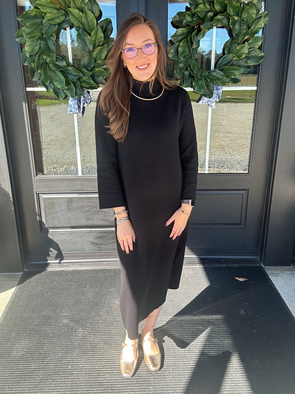 Black Mock Neck Long Sleeve Knit Midi Dress
