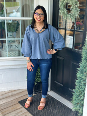 Steel Blue V Neck Top with Balloon Sleeves