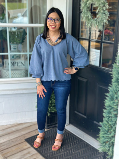 Steel Blue V Neck Top with Balloon Sleeves