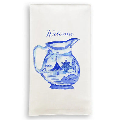 Welcome Blue & White Pitcher Tea Towel