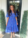Blue Smocked Waist Puff Sleeve Midi Dress