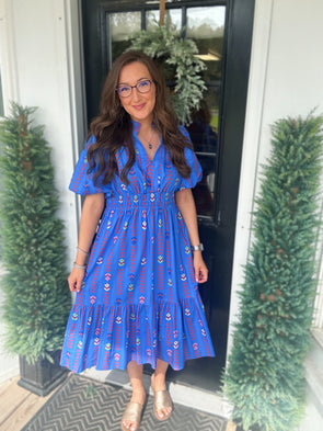 Blue Smocked Waist Puff Sleeve Midi Dress