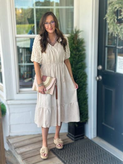 Oatmeal Linen Puff Sleeve Midi Dress