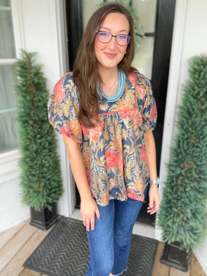 Navy Mix Floral Puff Sleeve Peasant Blouse