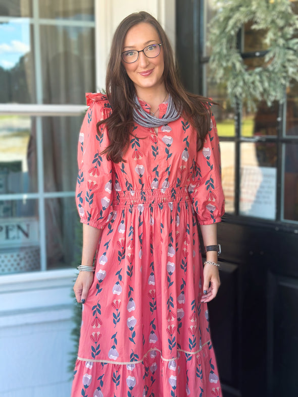 Coral Puff Sleeve Smocked Floral Midi Dress