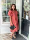 Rose Clay Smocked Front Midi Dress