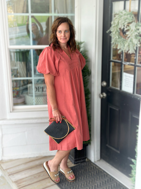 Rose Clay Smocked Front Midi Dress
