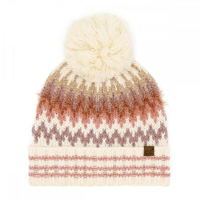 C.C. Cream Chevron Pom Beanie