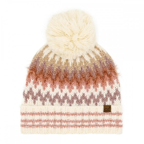C.C. Cream Chevron Pom Beanie