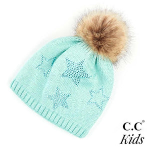 Kids Mint Star Rhinestone Pom Beanie