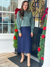 Navy Metallic Pleated Midi Skirt