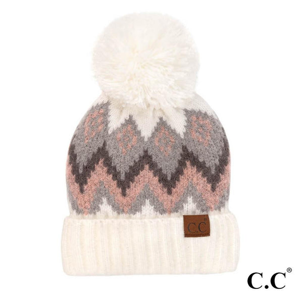 C.C. Pink and Grey Aztec Pom Beanie