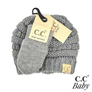 Grey Solid Ribbed Baby Beanie Hat and Mitten Glove