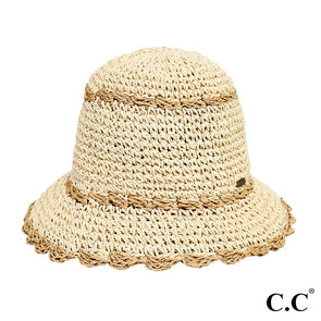 C.C. Paper Straw Hand Crochet Clothe Bucket Hat With Scallop Edge Details