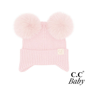 Baby Pink Ear Cover Flap Pom Beanie