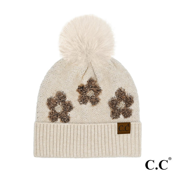 C.C. Beige Daisy Pattern Beanie With Pom