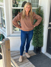 Mocha Luxeknit Ruffle Shoulder Quarter-Zip Pullover