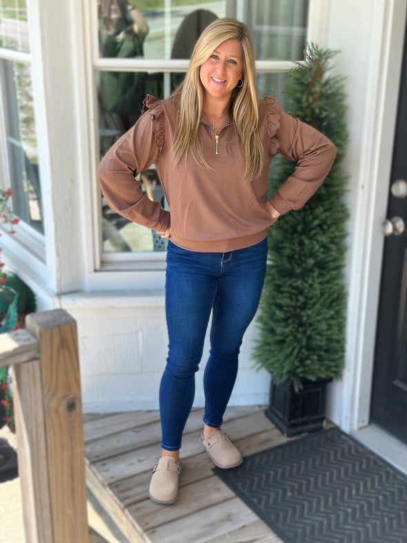 Mocha Luxeknit Ruffle Shoulder Quarter-Zip Pullover