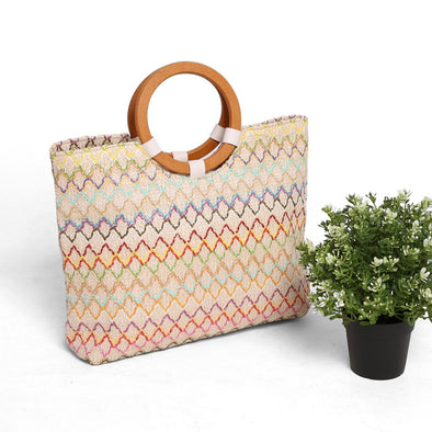 Multi Color Woven Wooden Top Handle Bag