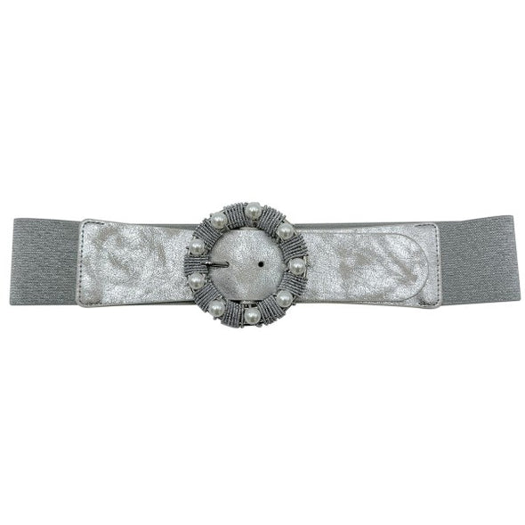 Silver Elastic Belt w/ Pearl Buckle