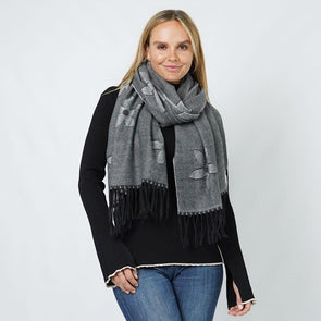 Black Soft Knit Scarf With Flower & Tassel Details