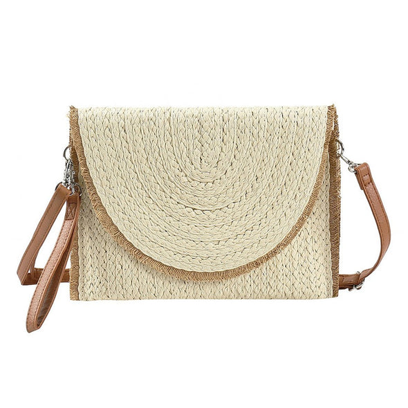 Frayed Trim Two Tone Straw Crossbody Clutch