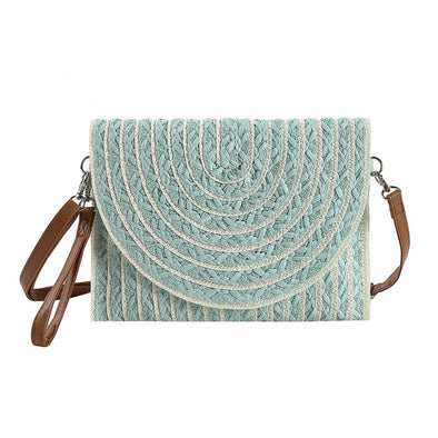 Mint Stripped Two Tone Straw Clutch Crossbody Bag