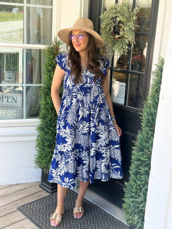 Blue Tropical Ruffle Maxi Dress (XS-L)