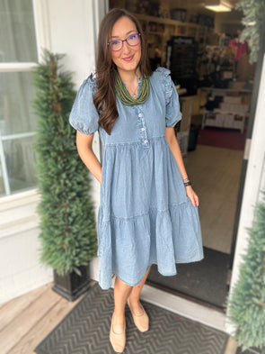 Chambray Ruffle Midi Dress
