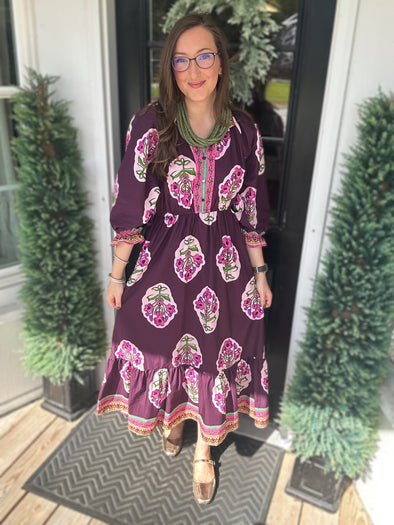 Plum Mix Flower Patch Boarder Print V-Neck Midi Dress