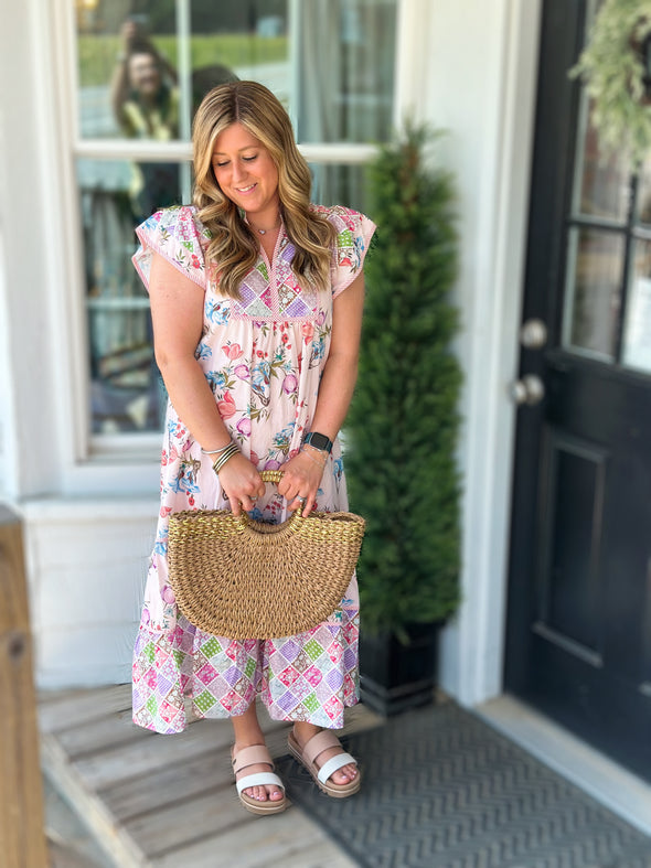 Pink Patchwork Garden Midi Dress