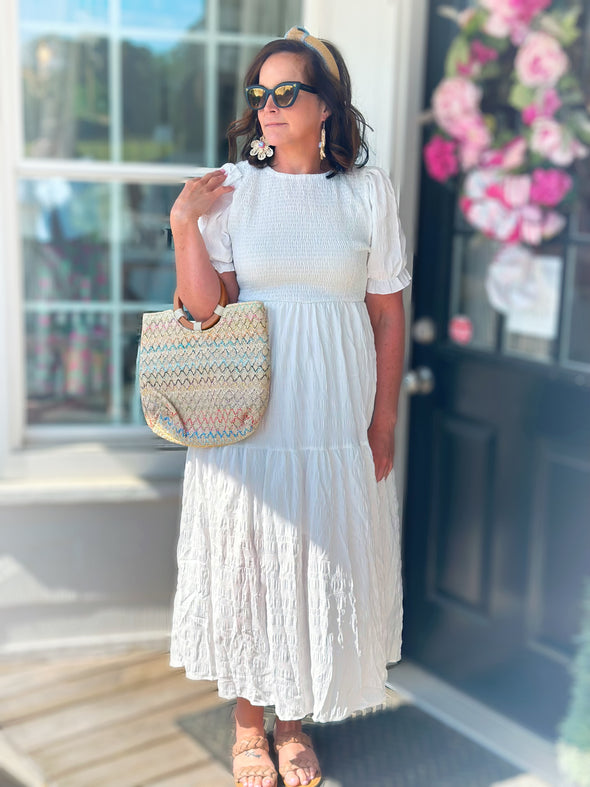 White Textured Puff Sleeve Midi Dress Grace At Home Treasures White Textured Puff Sleeve Midi Dress Grace At Home Treasures