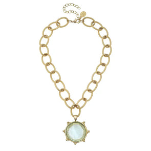 Clear Venetian Glass Coin Intaglio On Gold Chain Necklace