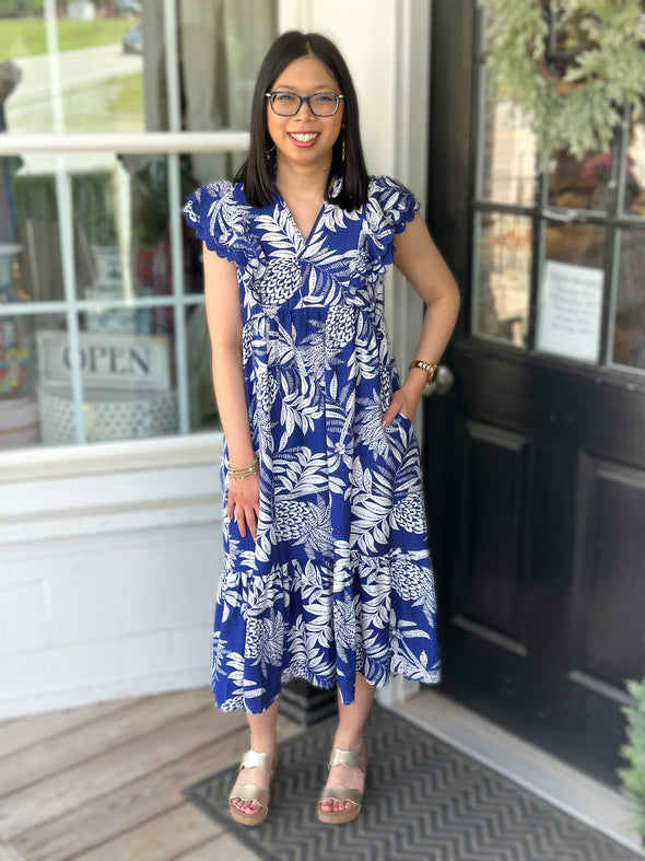 Blue Tropical Ruffle Maxi Dress (XS-L)