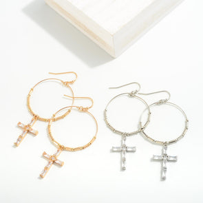 Baguette Cross Drop Earrings (Silver & Gold)
