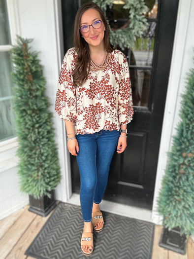 Caramel Cherry Blossom Scalloped Hem Blouse