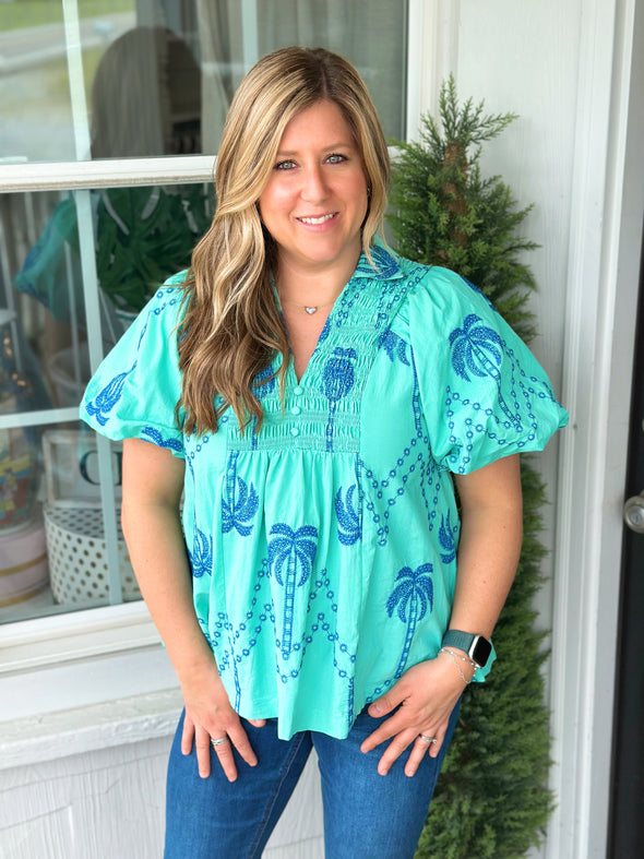 Mint Boho Blouse w/ Cobalt Palm Tree Embroidery