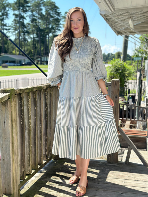 Olive Striped Tiered Midi Dress