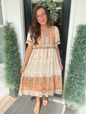 Taupe Paisley Flowy Midi Dress