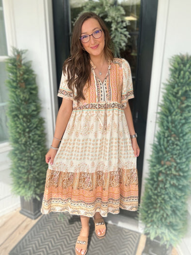Taupe Paisley Flowy Midi Dress