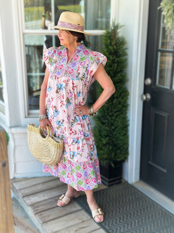 Pink Patchwork Garden Midi Dress