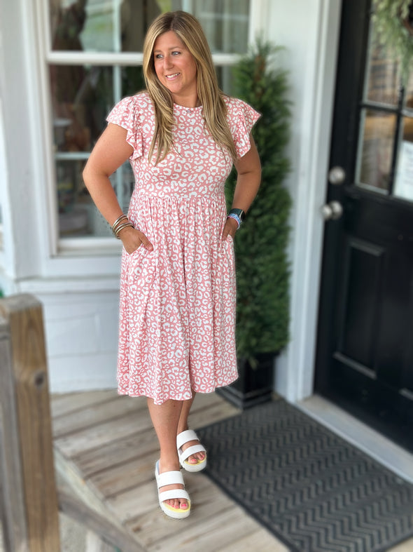 Pink Leopard Babydoll Midi Dress
