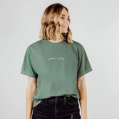 Light Green Pause and Pray Embroidered Comfort Colors Tee