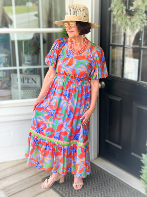 Blue Mix Puff Sleeve Maxi Dress