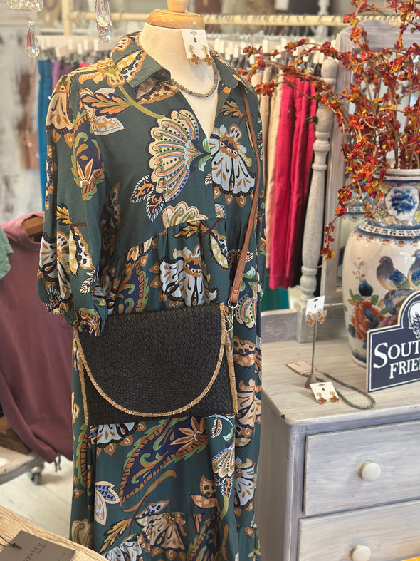 Teal Boho Paisley Tiered Midi Dress
