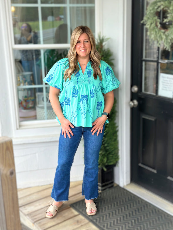 Mint Boho Blouse w/ Cobalt Palm Tree Embroidery